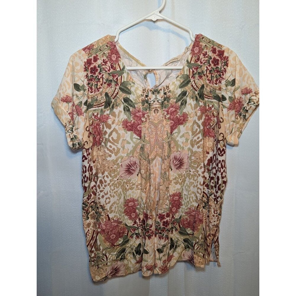 Soft Surroundings Blouse Women’s S Peach Rust Green Floral Tunic Cottage Fairy